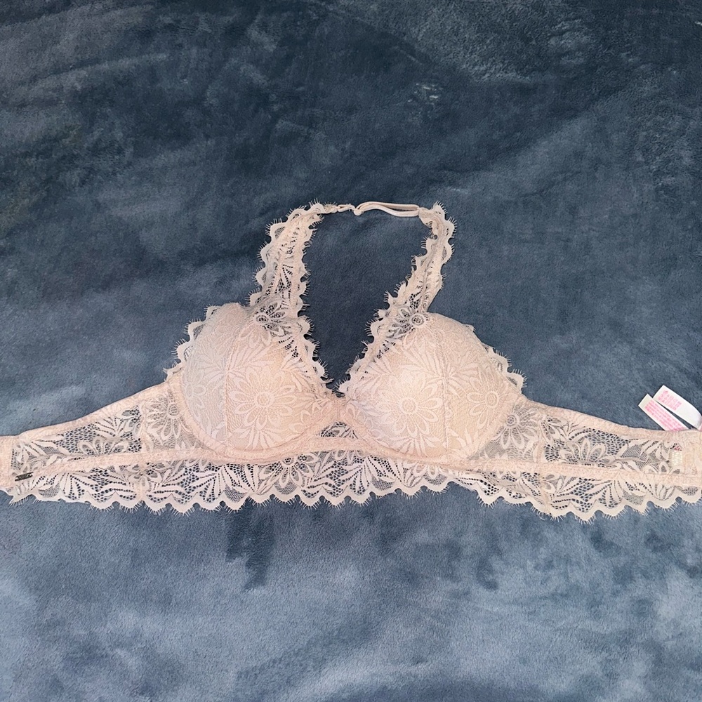 PINK Victoria's Secret Lace Halter Bralette in Cream